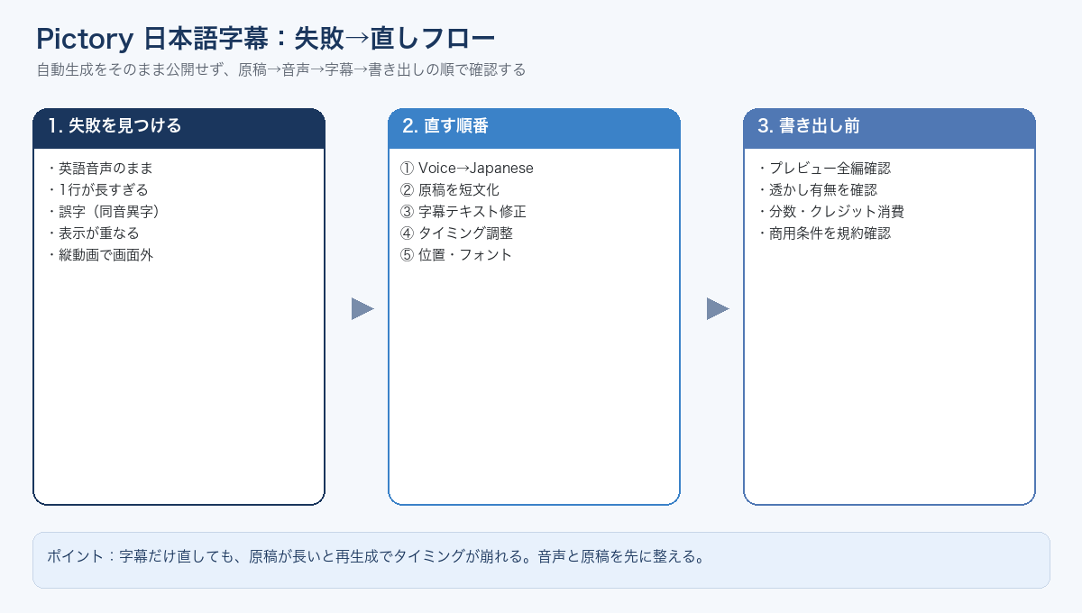 Pictory日本語字幕：失敗から修正、書き出し確認までの流れ