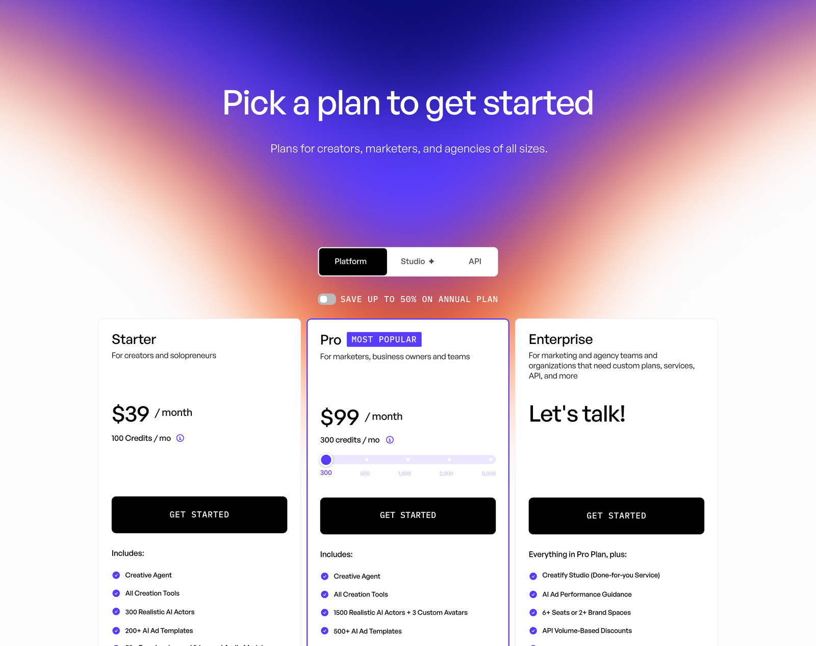 Creatify公式PricingのStarter・Pro・Enterprise(2026年8月12日確認)