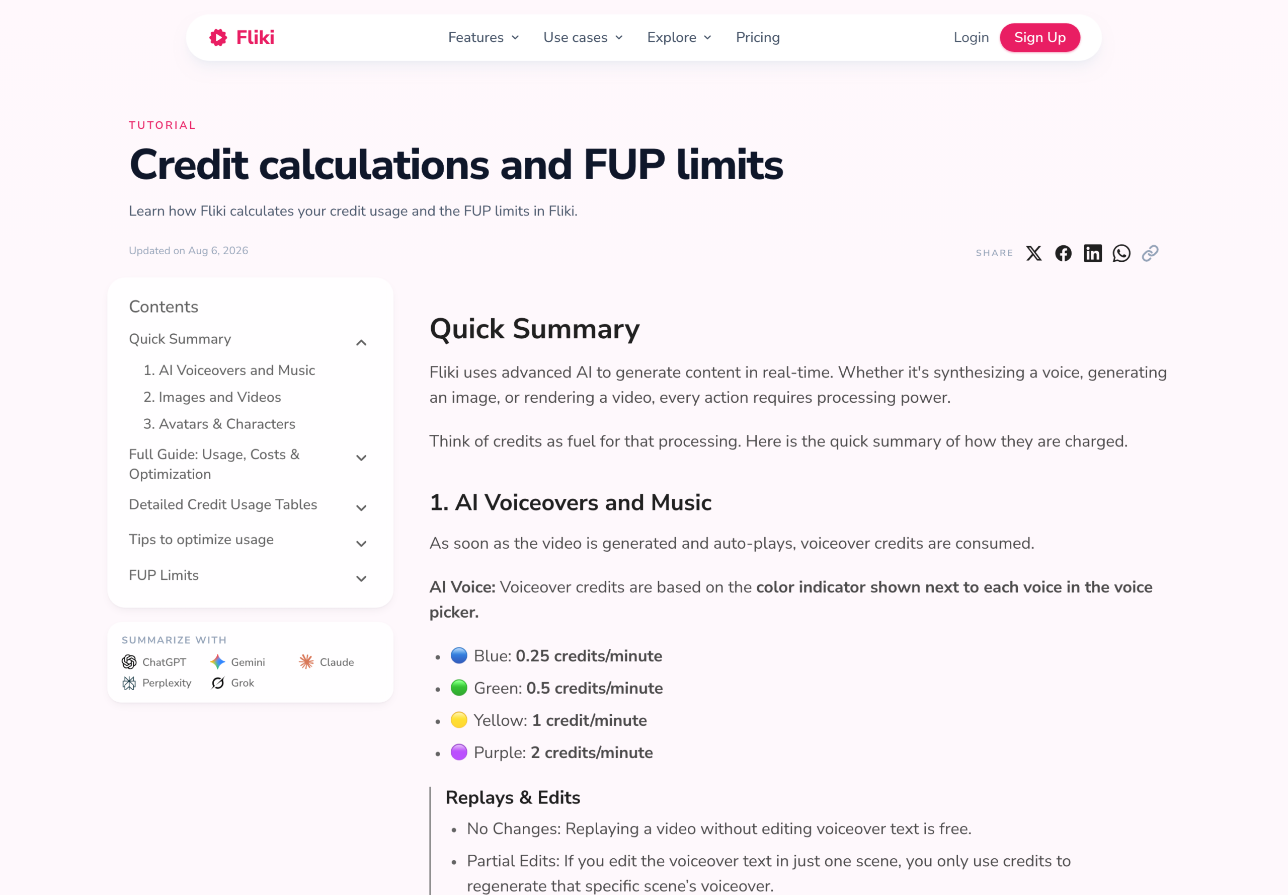 Fliki公式ドキュメント「Credit calculations and FUP limits」のページ。音声の色ごとのクレジット消費が一覧になっている（2026年8月確認・公式サイトの説明画面）
